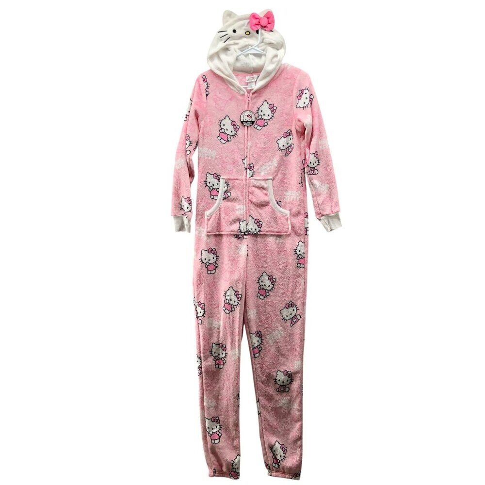 Hello Kitty Plush Union Suit Pajama Jumpsuit Womens XS 0-2 Pink Hooded One Piece